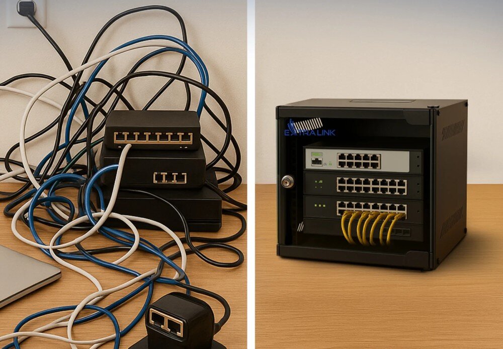Szafa RACK EXTRALINK Porównanie bałaganu w okablowaniu po lewej stronie z uporządkowanym sprzętem sieciowym wewnątrz czarnej szafki rack po prawej stronie na drewnianym blacie