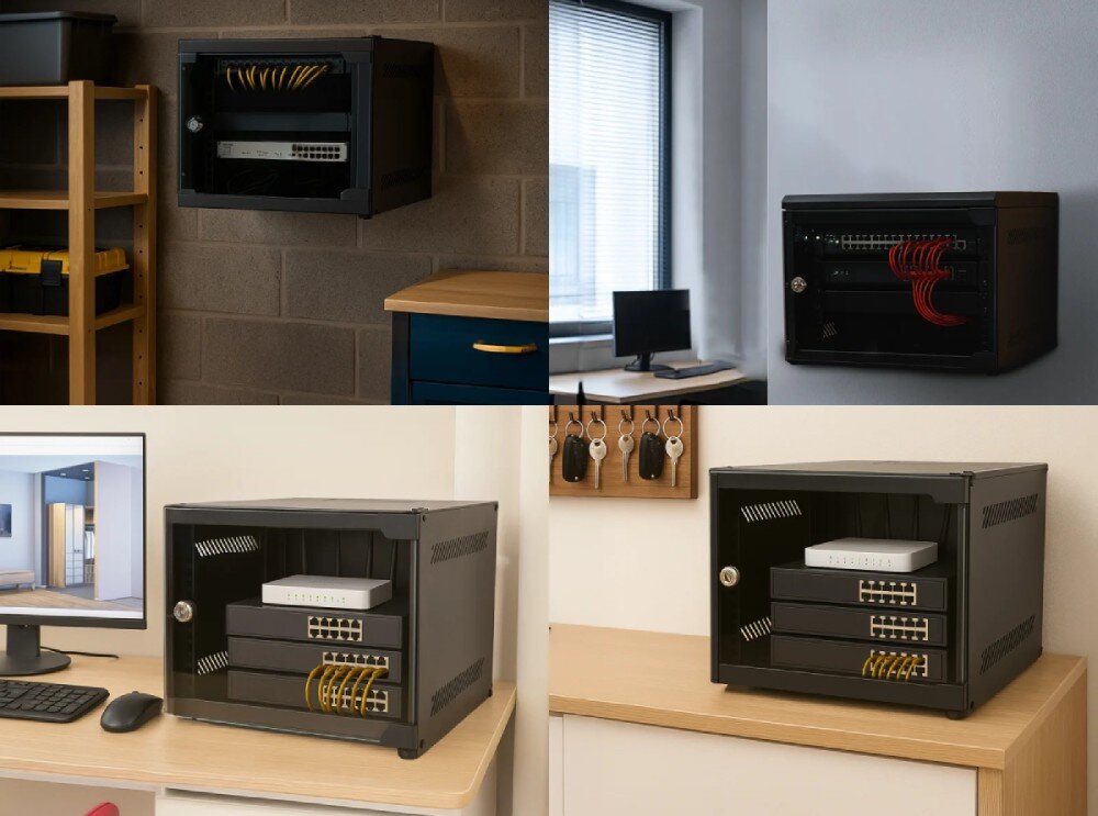 Szafa RACK EXTRALINK Zestawienie czterech fotografii pokazujących czarną szafkę rack zamontowaną na ścianie oraz ustawioną na meblach w różnych wnętrzach mieszkalnych i biurowych