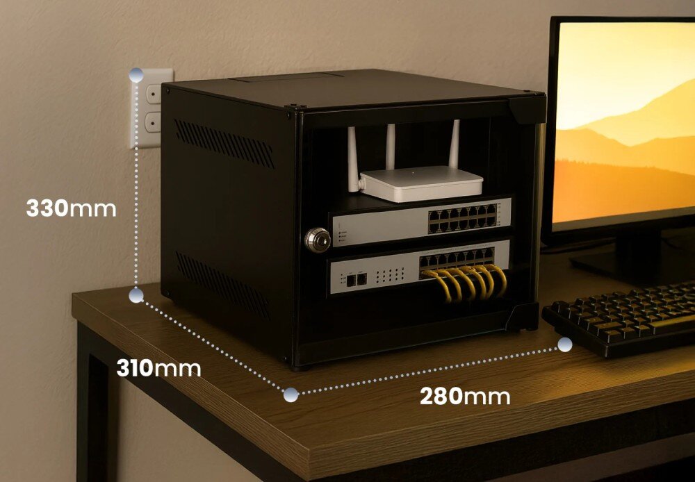 Szafa RACK EXTRALINK Widok czarnej szafki rack na biurku z naniesionymi wymiarami zewnętrznymi