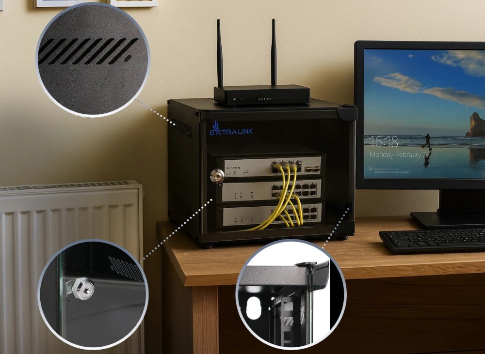 Szafa RACK EXTRALINK Czarna szafka rack z urządzeniami w środku oraz trzy graficzne zbliżenia pokazujące otwory wentylacyjne, zamek w drzwiach i wewnętrzne szyny montażowe