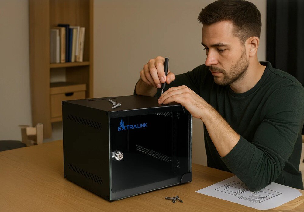 Szafa RACK EXTRALINK Mężczyzna montujący czarną szafkę rack za pomocą śrubokręta przy drewnianym stole, na którym leży instrukcja z obrazkami i luźne śruby