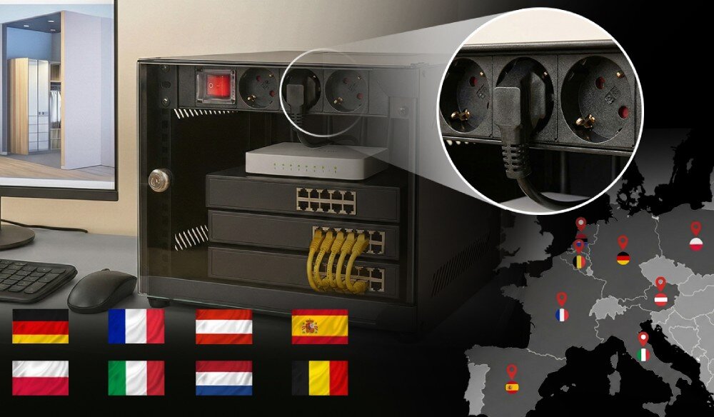 Listwa EXTRALINK EX.28839 Spojrzenie na tył oraz wnętrze czarnej obudowy z dwiema komorami, pokazujące przestrzeń na zasilacz i dyski oraz klatkę na napędy u dołu