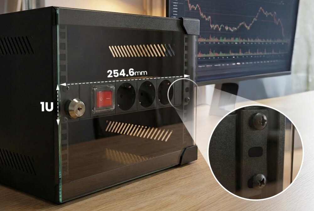 Listwa EXTRALINK EX.28839 Zbliżenie na trzy czarne wentylatory z tęczowym podświetleniem LED, zamontowane pionowo wewnątrz obudowy
