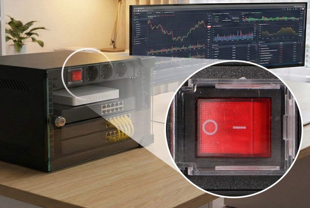 Listwa EXTRALINK EX.28839 Grafika przedstawiająca rozłożone na części elementy czarnej obudowy dwukomorowej, w tym szkielet, szklane panele, metalowe osłony oraz wentylatory