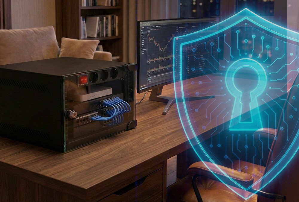 Listwa EXTRALINK EX.28839 Zbliżenie na panel portów obudowy zawierający cztery złącza USB typu A, jeden port USB typu C oraz gniazdo audio, umieszczone obok przycisku zasilania