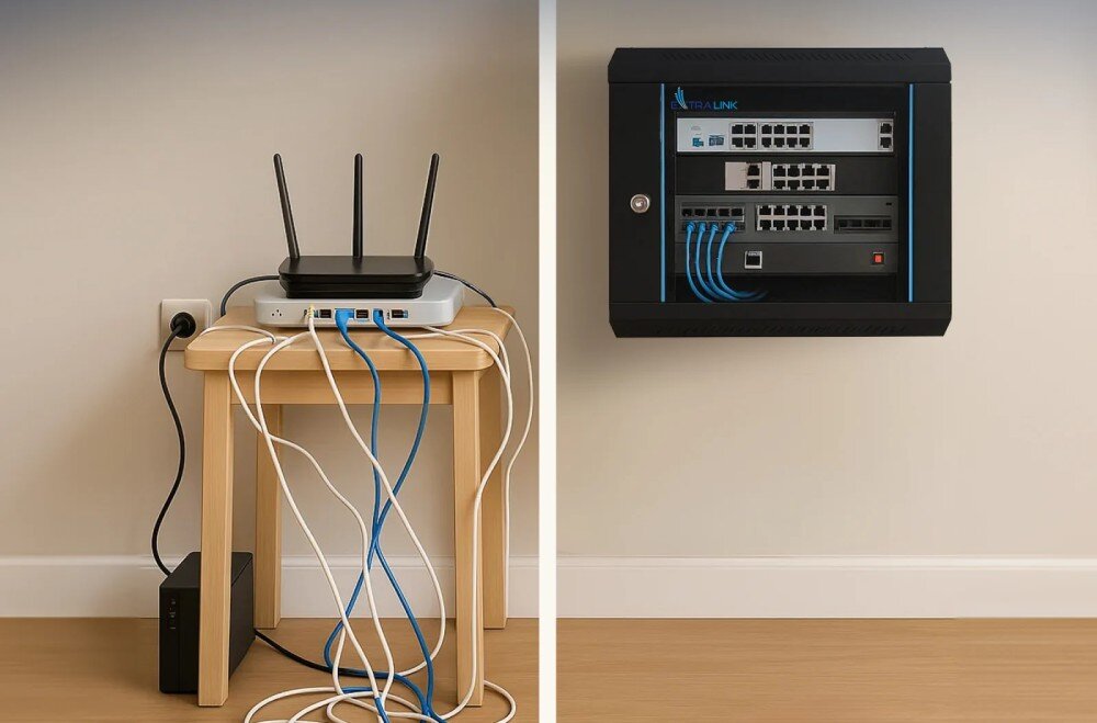 Szafa RACK EXTRALINK Zdjęcie porównawcze pokazujące bałagan w kablach obok taboretu po lewej oraz estetycznie zamontowaną czarną szafę rack po prawej stronie