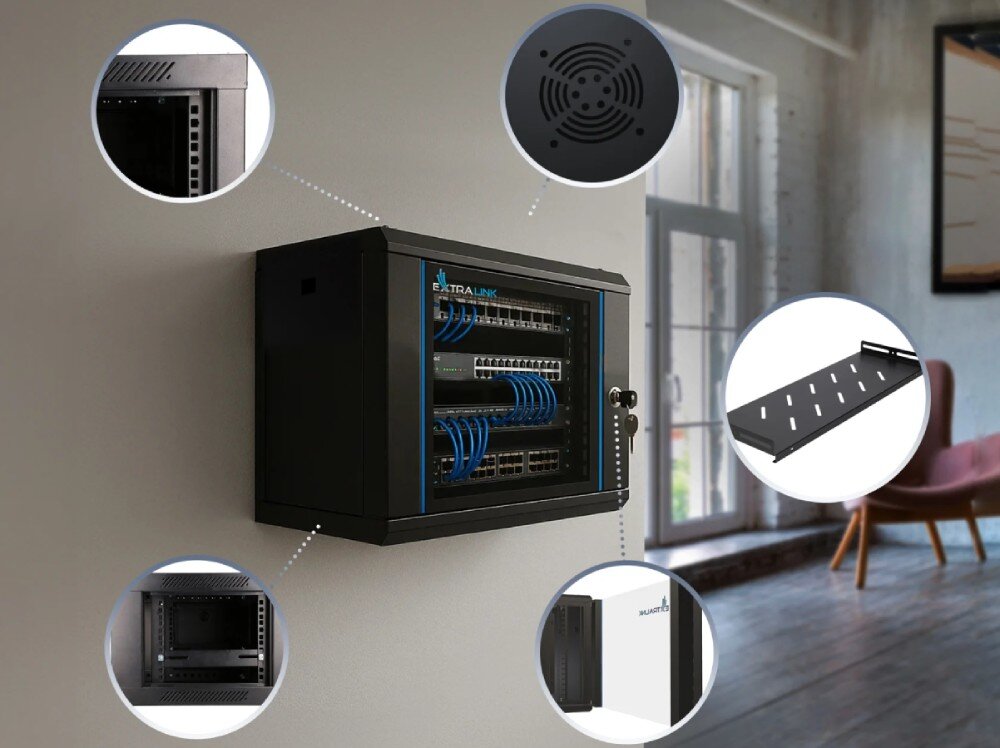 Szafa RACK EXTRALINK Czarna szafa rack na ścianie otoczona mniejszymi zdjęciami detali, takimi jak otwory wentylacyjne, wnętrze obudowy i dołączona półka