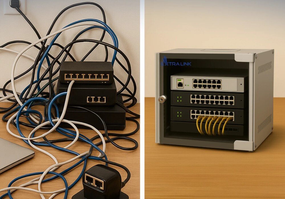 Szafa RACK EXTRALINK Porównanie bałaganu w okablowaniu po lewej stronie z uporządkowanym sprzętem sieciowym wewnątrz szafki rack po prawej stronie na drewnianym blacie