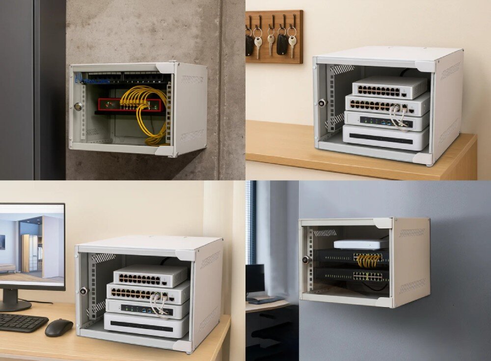 Szafa RACK EXTRALINK Zestawienie czterech fotografii pokazujących szafkę rack zamontowaną na ścianie oraz ustawioną na meblach w różnych wnętrzach mieszkalnych i biurowych