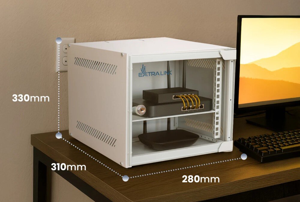 Szafa RACK EXTRALINK Widok szafki rack na biurku z naniesionymi wymiarami zewnętrznymi