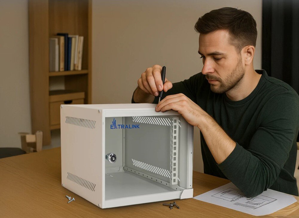 Szafa RACK EXTRALINK Mężczyzna montujący szafkę rack za pomocą śrubokręta przy drewnianym stole, na którym leży instrukcja z obrazkami i luźne śruby