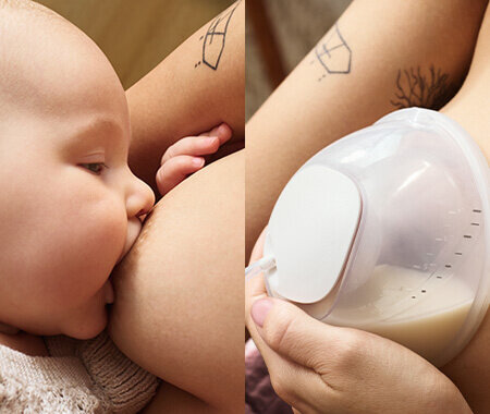 Zestawienie dwóch zdjęć. Jedno przedstawia zbliżenie na dziecko ssące pierś kobiety. Drugie zdjęcie prezentuje zbliżenie na pierś kobiety z muszlą laktatora, która jest częściowo wypełniona mlekiem.