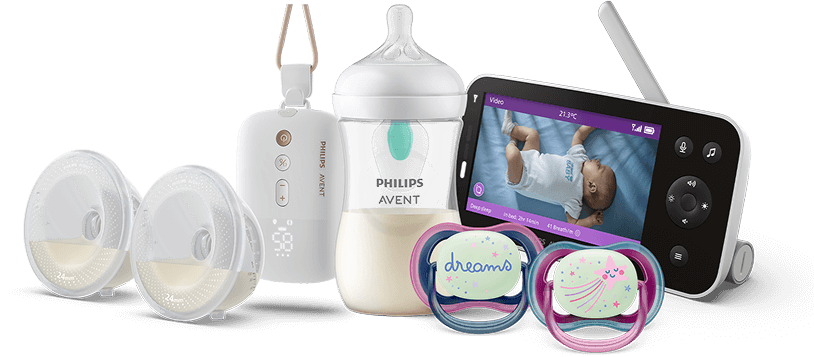 Grafika ukazująca laktator z dwiema muszlami, butelkę dla dziecka, elektroniczną nianię i dwa smoczki.