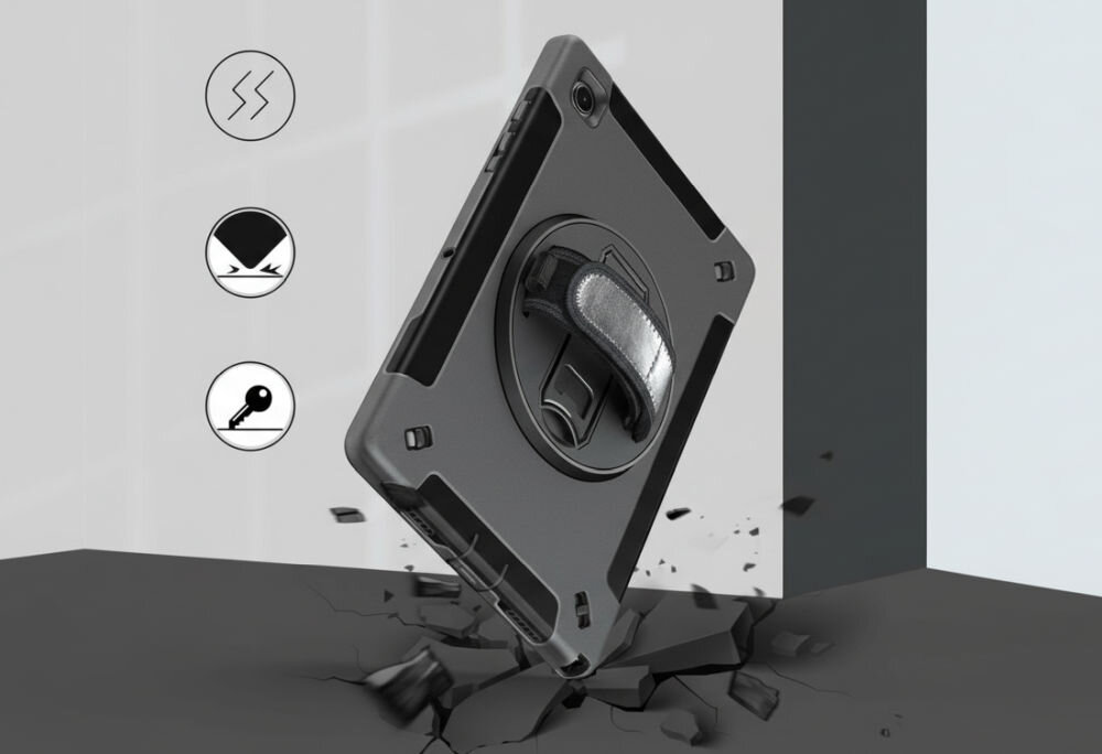 Etui na iPad 4SMARTS Rugged Case Grip poliwęglanu (PC) TPU gumowych elementów ochronnych wojskową normę wytrzymałości MIL-STD-810H do 2 metrów oraz silnymi wstrząsami Zewnętrzna tuleja TPU precyzyjne osłony portów i przycisków iPada Ekran dotykowy Apple Pencil 2 - ilustracja przedstawiająca upadek ipada w etui