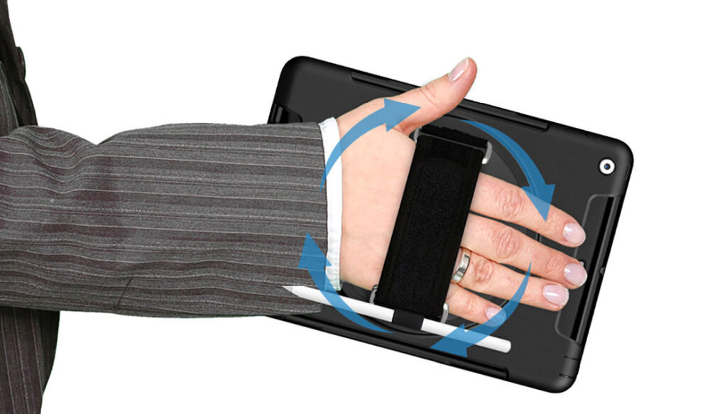Etui na iPad 4SMARTS Rugged Case Grip Regulowany pasek do dłoni podstawki 360° w pionie lub poziomie oglądania filmów, prowadzenia wideokonferencji, przeglądania dokumentów czy pracy biurowej otwieranym osłonom portów - przedstawienie funkcji podstawki 360°