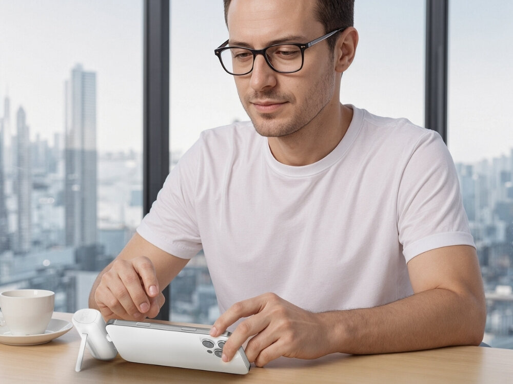 Powerbank 4SMARTS PicoFold 5000mAh
                powerbank podłączony do kontaktu i ładujący telefon rozkładana podpórka stabilna pozycja cyfrowy wyświetlacz poziom baterii