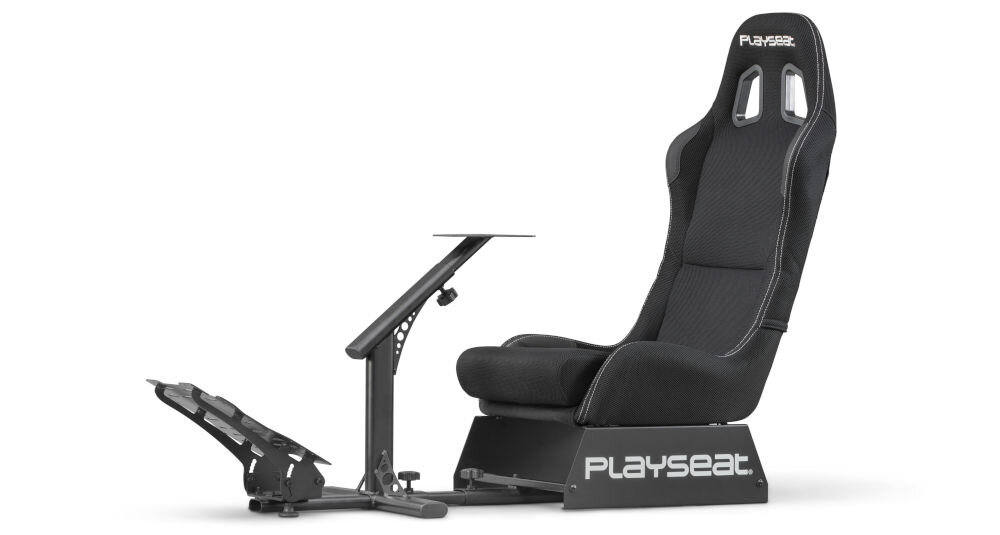 Kokpit PLAYSEAT Evolution Czarny prezentacja kokpitu od przodu na białym tle detale kierownica pedały regulacja kompatybilność z większością konsol składany rozkładany