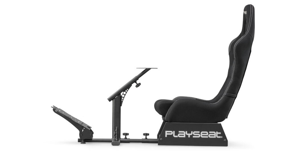 Kokpit PLAYSEAT Evolution Czarny prezentacja kokpitu od boku na białym tle funkcjonalność dla osób 120-200 cm do 122 kg obciążenia regulacja oparcie waga kokpitu 20kg