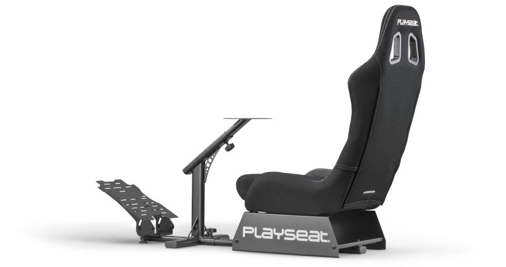 Kokpit PLAYSEAT Evolution Czarny prezentacja kokpitu na białym tle od boku pod kątem komfort ergonomia wysokość całkowita 130 cm szerokość siedziska 48 cm głębokość 46,5-50 cm wysokość oparcia 78 cm redukcja ryzyka bólu pleców szerokość oparcia 48 cm