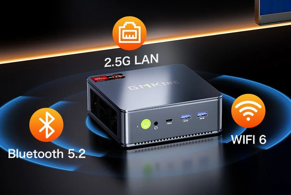 Komputer GMKTEC M6 Ultra Schemat połączeń mini PC z ikonami przedstawiającymi Bluetooth 5.2, sieć LAN 2.5G i Wi-Fi 6 na ciemnym tle