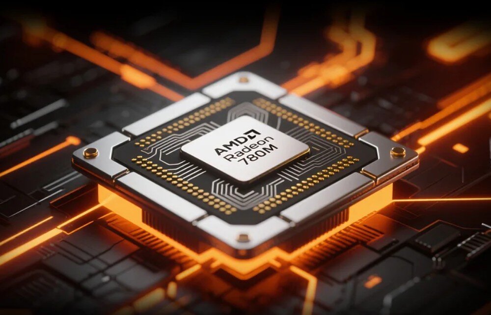 Komputer GMKTEC NucBox K12 Grafika przedstawiająca układ graficzny z napisem 'AMD Radeon 780M' na tle stylizowanych ścieżek elektronicznych