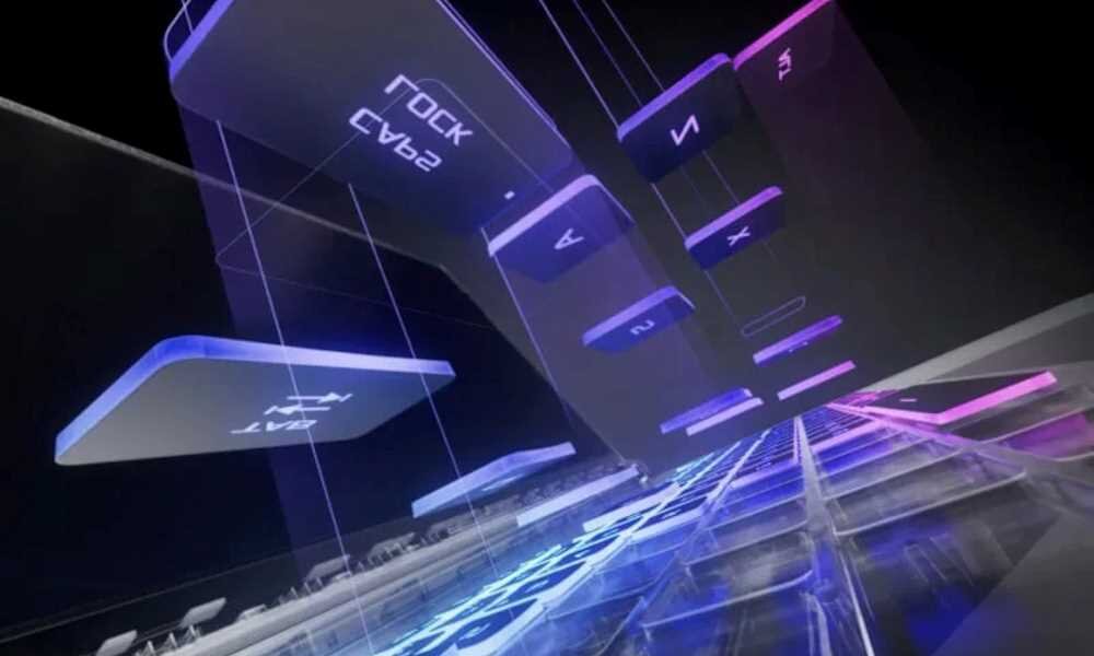 Laptop ASUS ROG Strix Scar 18 - Lewitujące klawisze klawiatury w neonowym świetle. Technologia Overstroke