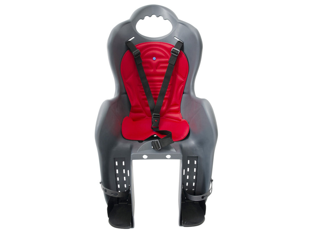 Fotelik rowerowy ELIBAS Grafitowy w grafitowym kolorze z czerwonym pokrowcem profilowana konstrukcja dla dzieci do 7 roku życia maksymalna waga do 22 kg podczas jazdy dzieci muszą zawsze nosić kask