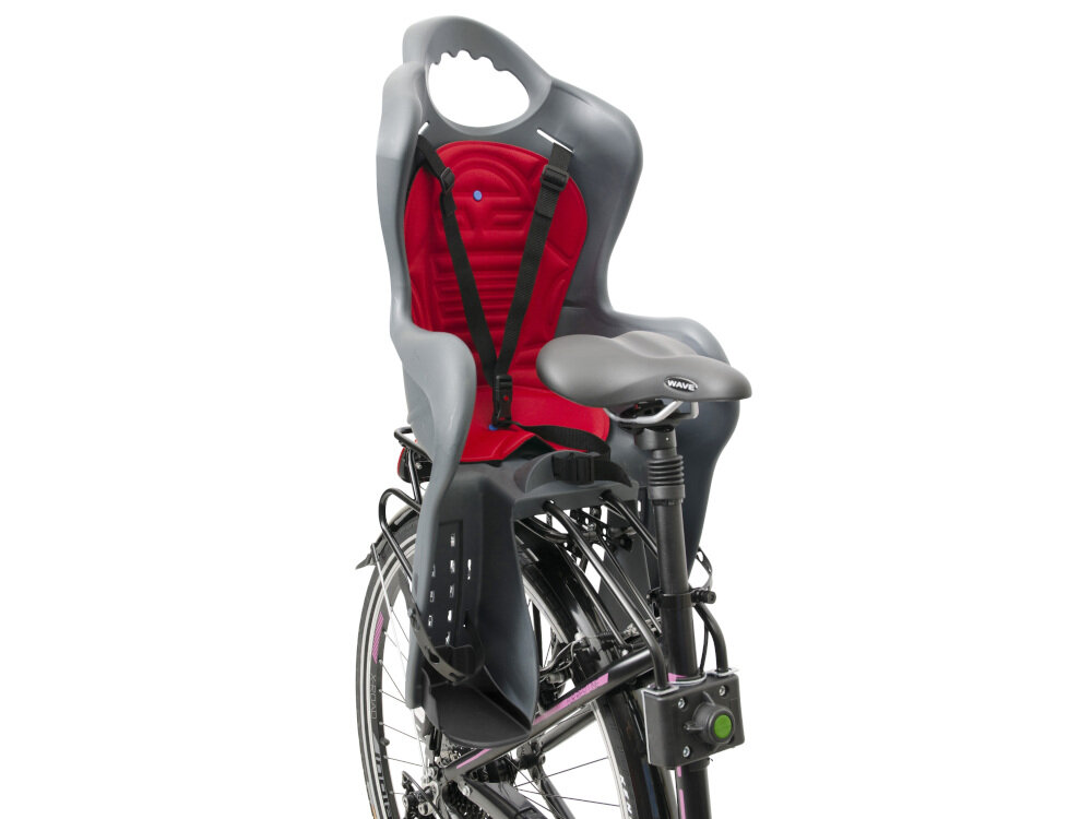 Fotelik rowerowy ELIBAS Grafitowy mocowany za siodełkiem na amortyzującym wysięgniku na ramie roweru