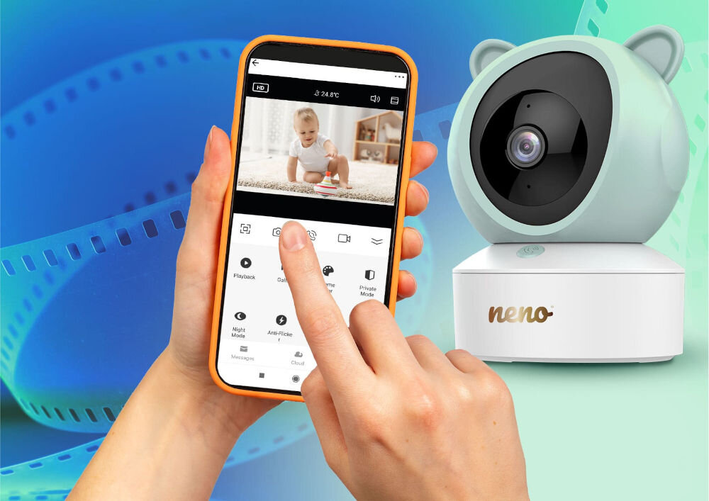 Niania elektroniczna NENO Ivo kobieta obserwująca dziecko za pomocą oplikacji Tuya