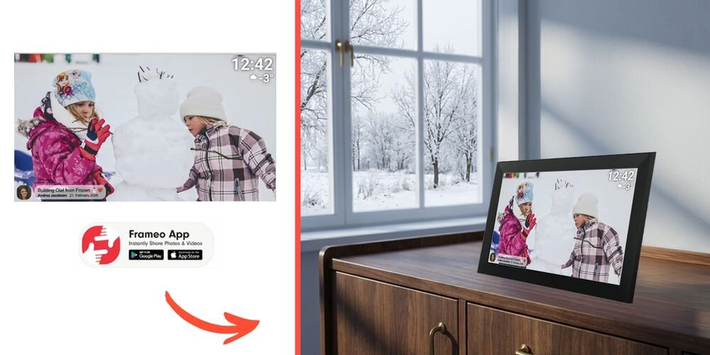 Ramka cyfrowa DENVER Frameo PFF-1504B Czarny prezentacja ramki ze zdjęciem w pokoju obok na białym tle to samo zdjęcie ikona FRAMEO prezentowanie ważnych chwil stylowy nośnik wspomnień