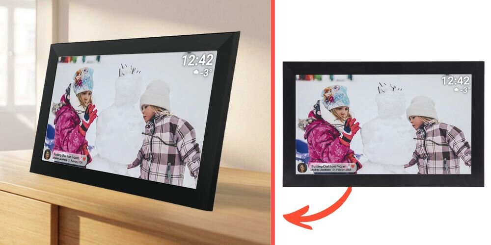 Ramka cyfrowa DENVER Frameo PFF-1504B Czarny prezentacja ramki ze zdjęciem na tle pokoju obok na białym tle ramka ze zdjęciem ekran IPS rozdzielczość rozmiar żywe kolory szeroki kąt widzenia proporcje