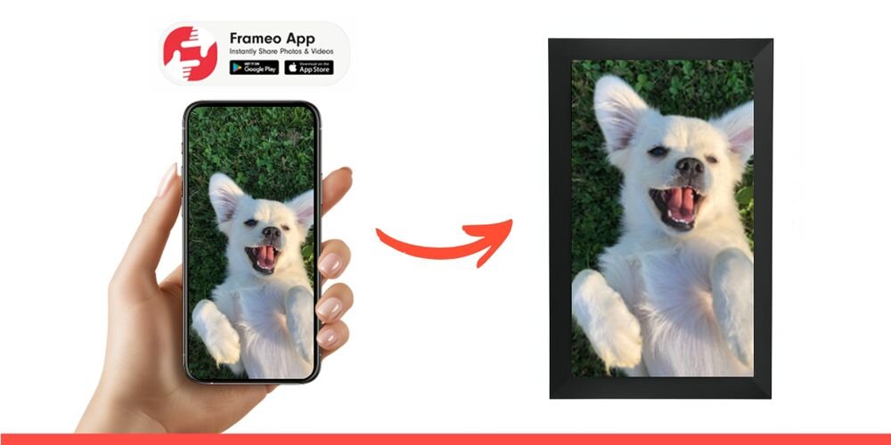 Ramka cyfrowa DENVER Frameo PFF-1504B Czarny prezentacja ramki ze zdjęciem na białym tle obok ręka trzymająca telefon ikona FRAMEO oprogramowanie FRAMEO kompatybilność z iOS i Android zdalne dodawanie zdjęć radość rodzina Wi-Fi bezprzewodowo