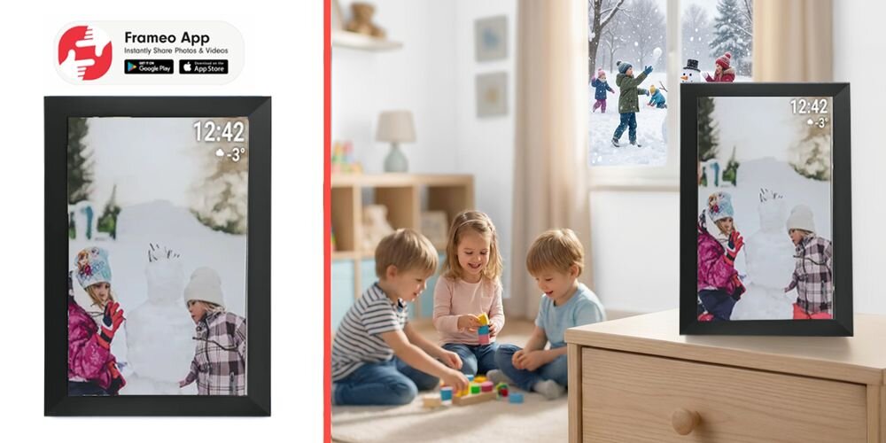 Ramka cyfrowa DENVER Frameo PFF-1504B Czarny prezentacja ramki na regale obok ramka na białym tle ikona FRAMEO prezent aplikacja buduje więzi przywołuje emocje łatwa obsługa