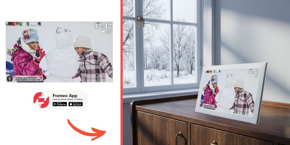 Ramka cyfrowa DENVER Frameo PFF-1504W Biały prezentacja ramki ze zdjęciem w pokoju obok na białym tle to samo zdjęcie ikona FRAMEO prezentowanie ważnych chwil stylowy nośnik wspomnień