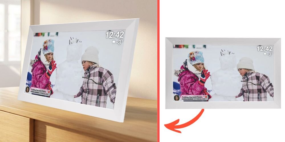 Ramka cyfrowa DENVER Frameo PFF-1504W Biały prezentacja ramki ze zdjęciem na tle pokoju obok na białym tle ramka ze zdjęciem ekran IPS rozdzielczość rozmiar żywe kolory szeroki kąt widzenia proporcje