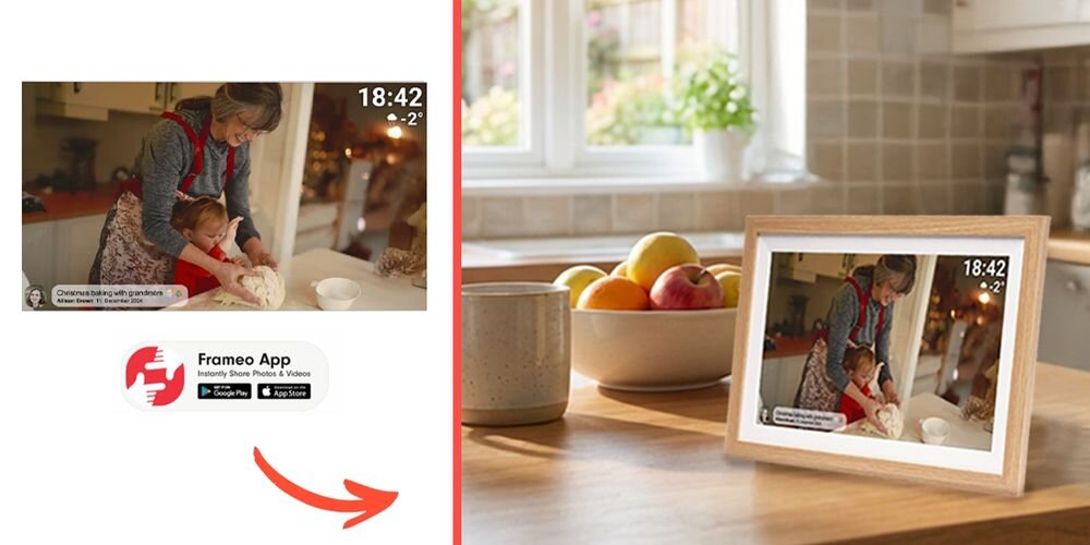 Ramka cyfrowa DENVER Frameo PFF-1505LW Jasnobrązowy prezentacja ramki ze zdjęciem w pokoju obok na białym tle to samo zdjęcie ikona FRAMEO drewniany wygląd rodzinne zdjęcia wspomnienia z podróży dodanie ciepła do wnętrza