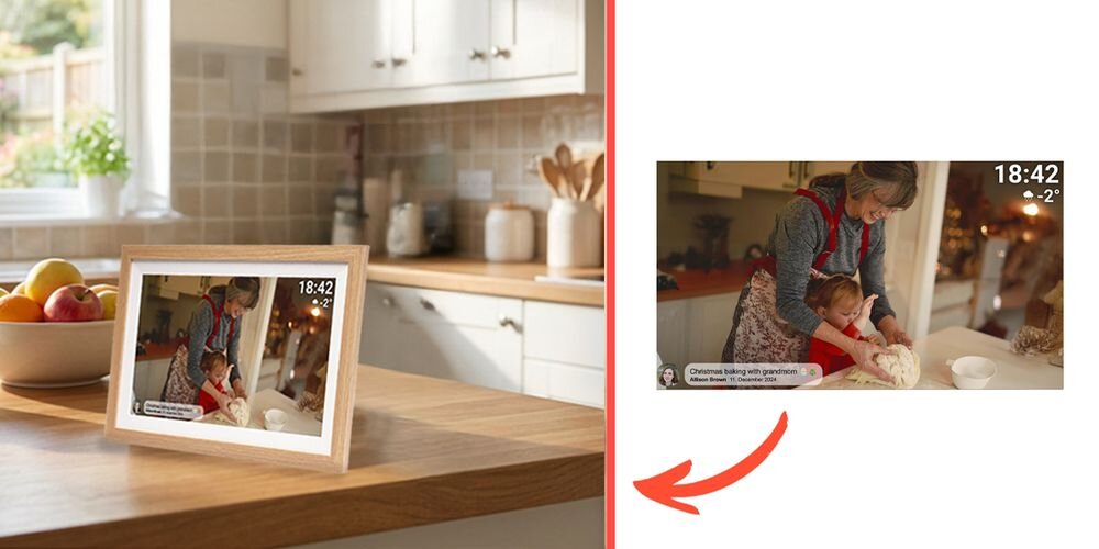 Ramka cyfrowa DENVER Frameo PFF-1505LW Jasnobrązowy prezentacja ramki ze zdjęciem na tle pokoju obok na białym tle ramka ze zdjęciem ekran IPS rozdzielczość rozmiar żywe kolory szeroki kąt widzenia proporcje