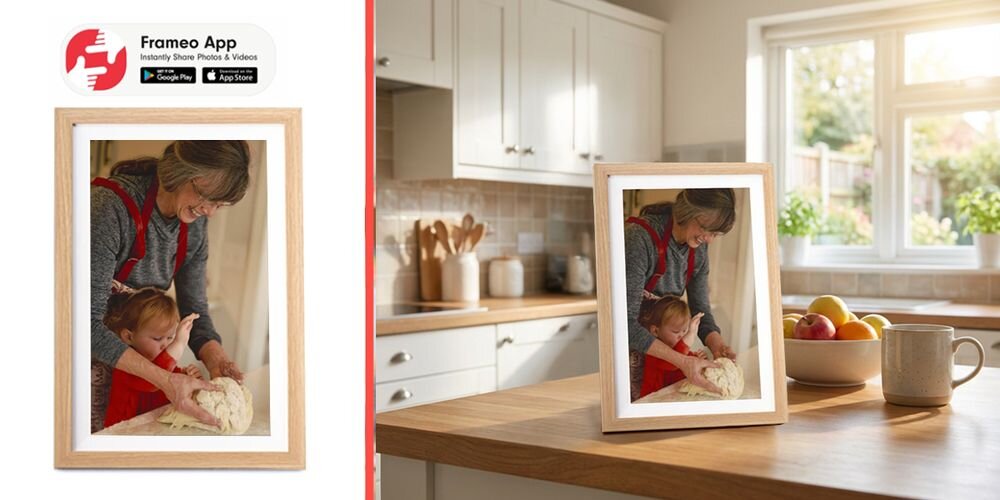 Ramka cyfrowa DENVER Frameo PFF-1505LW Jasnobrązowy prezentacja ramki na regale obok ramka na białym tle ikona FRAMEO prezent aplikacja buduje więzi przywołuje emocje łatwa obsługa