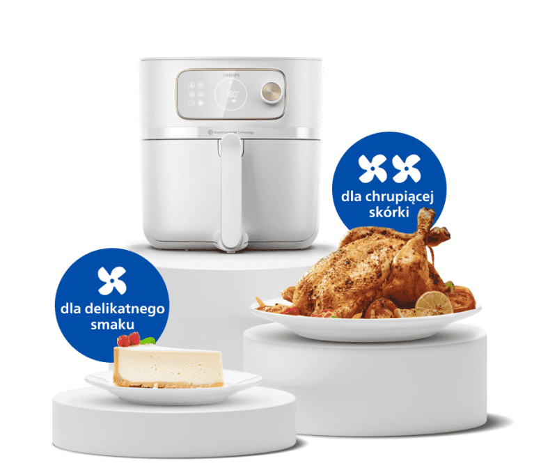 airfryer wykorzystuje przepływ gorącego powietrza, dopasowując ustawienia do przyrządzanego dania