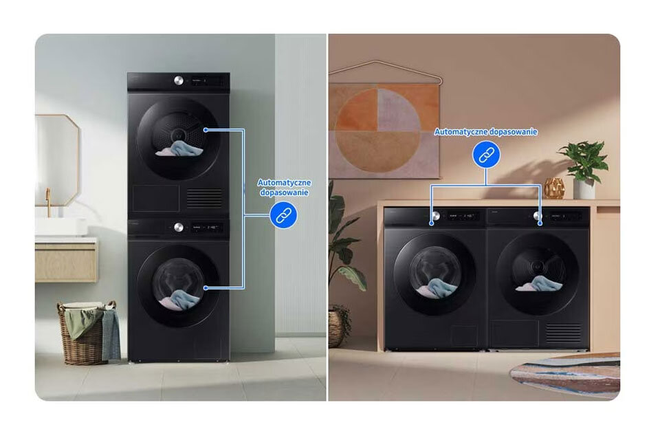 Zdjęcie przedstawia użycie funkcji Auto Cycle Link w suszarce Bespoke AI 9 kg DV90DB7845GBU4, automatycznie dopasowując cykl suszenia.