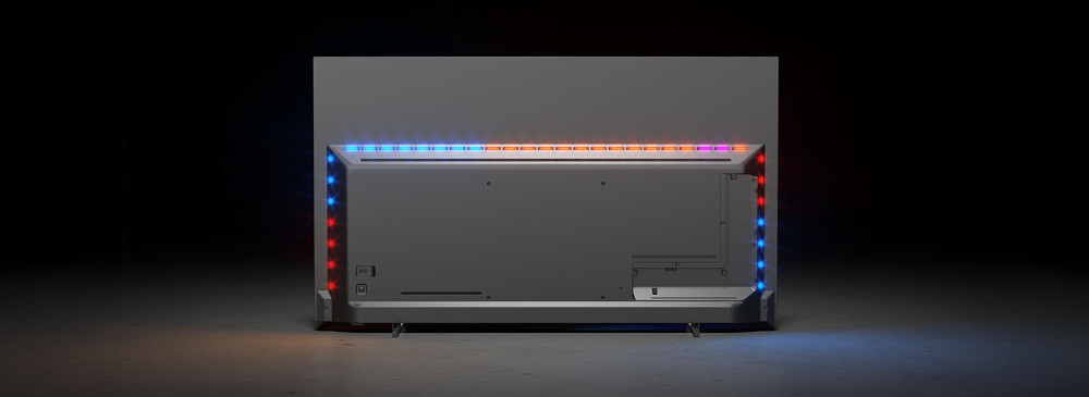 Telewizor PHILIPS 55OLED820 Ambilight immersja film gry kolory, telewizor od tyłu z pokazaną technologią Ambilight na czarnym tle