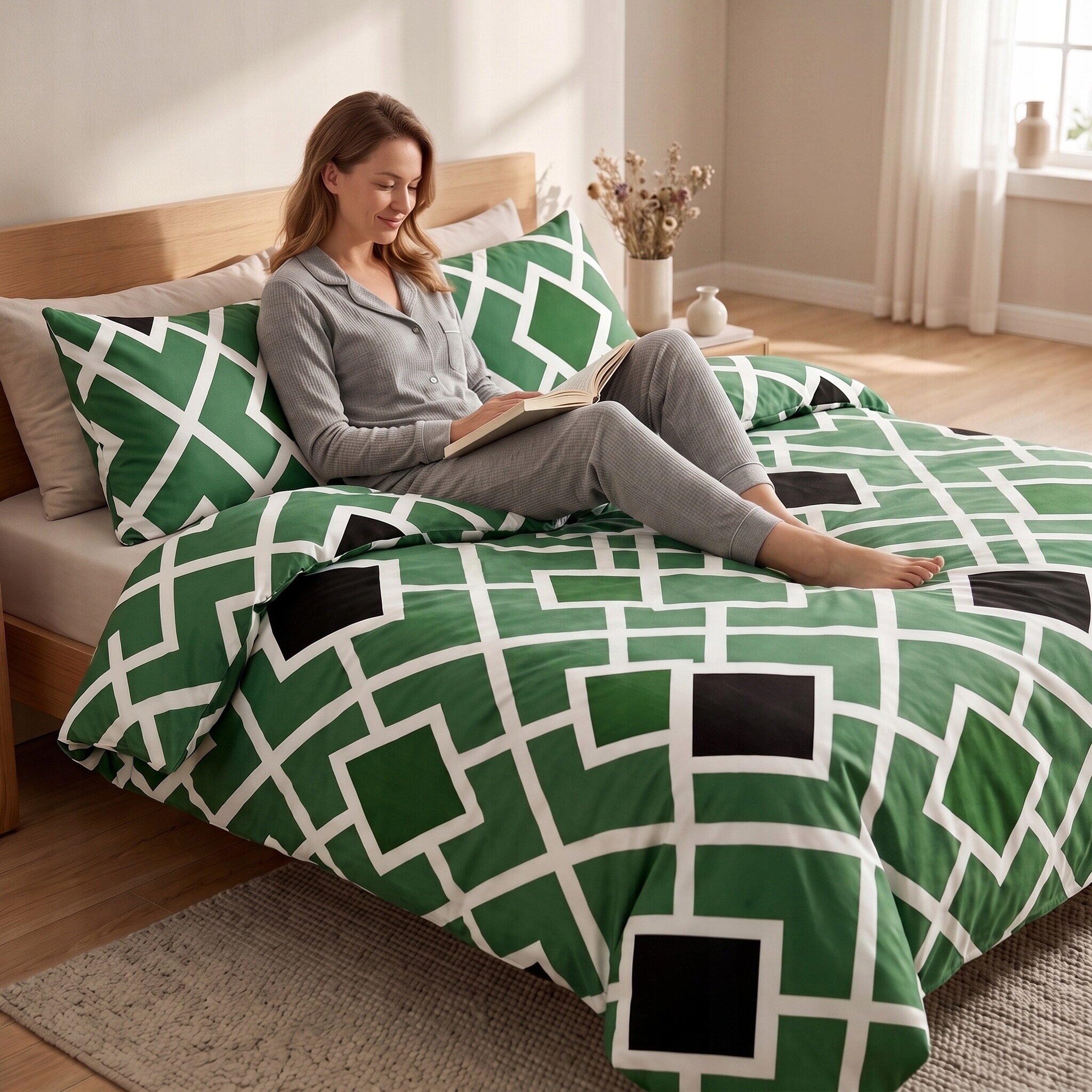 Osoba siedzi na łóżku z pościelą w zielono-biały geometryczny wzór z czarnymi akcentami, trzymając książkę. W tle widać jasne zasłony i dekoracje na parapecie.