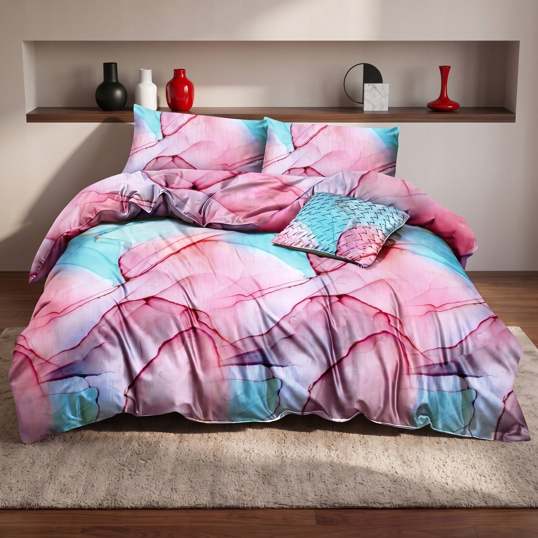 Komplet pościeli z kolorowym wzorem w odcieniach różu, niebieskiego i fioletu, składający się z kołdry, dwóch poduszek i dodatkowej poduszki dekoracyjnej. W tle znajduje się półka z dekoracyjnymi wazonami i pudełkiem.