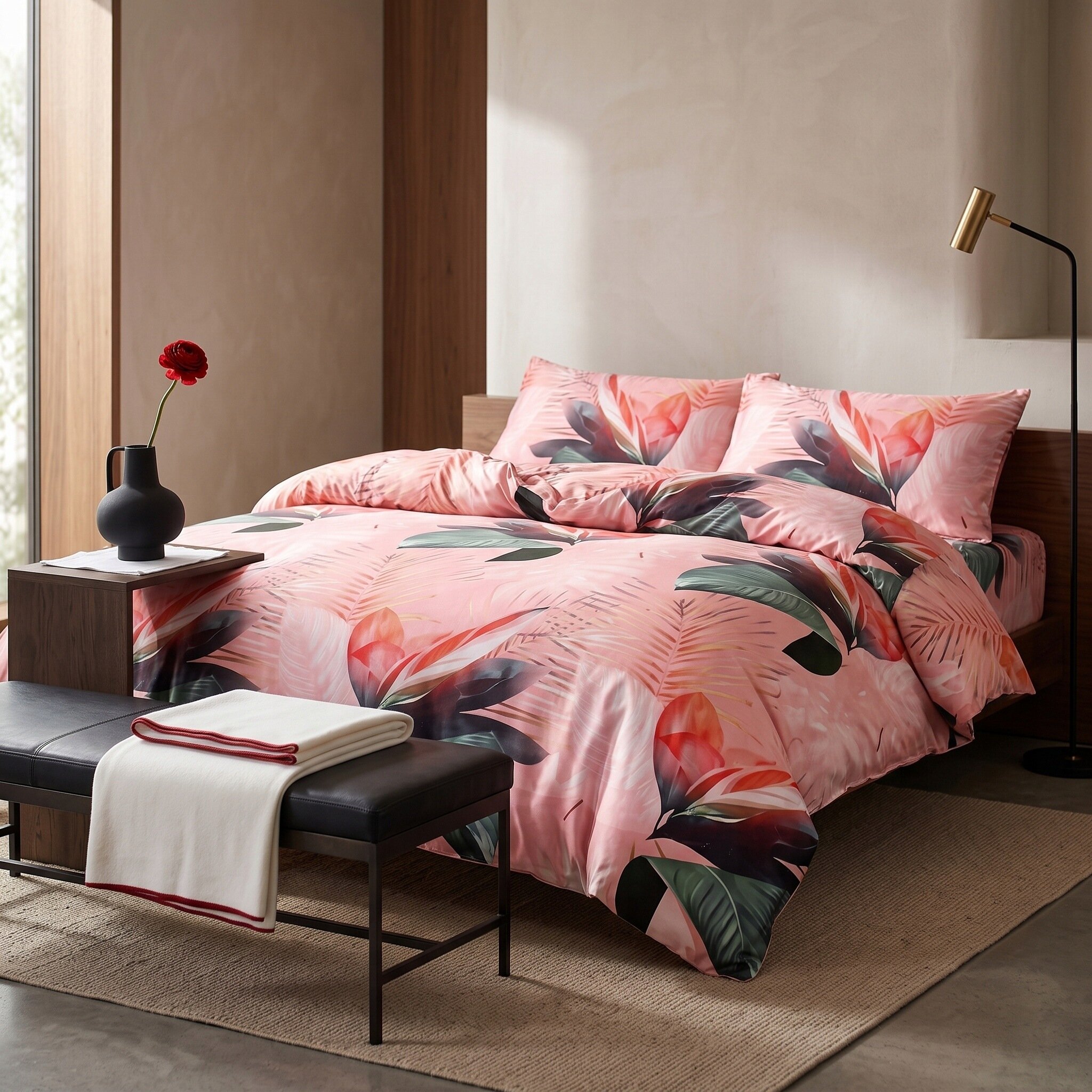 Na zdjęciu znajduje się łóżko z pościelą w różowe i zielone wzory roślinne. Obok łóżka stoi czarny wazon z czerwoną różą na drewnianym stoliku.