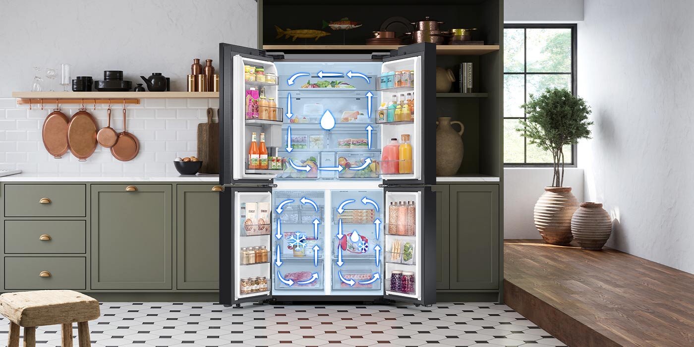 Wizualizacja przedstawiająca wnętrze urządzenia, w tym rozmieszczenie produktów oraz układ szuflad, stref i komór Wizualizacja przedstawiająca wnętrze urządzenia, w tym rozmieszczenie produktów oraz układ szuflad, stref i komór