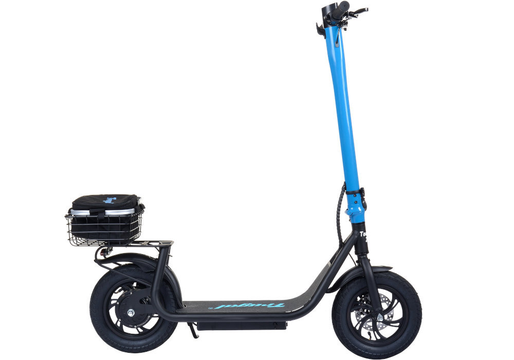 Hulajnoga elektryczna FRUGAL Touring 2.0 czarno-niebieska pojemna torba termiczna szeroki podest kierunkowskazy solidne ogumienie wysokie parametry 