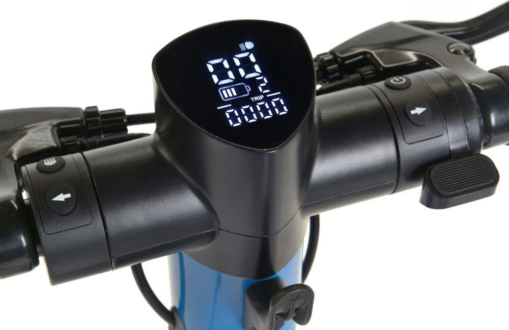 Hulajnoga elektryczna FRUGAL Touring 2.0 czarno-niebieska wyświetlacz LCD prędkość tryb jazdy stan naładowania akumulatora światła przednie tylne ikonka z kluczem funkcja ODO/TRIP