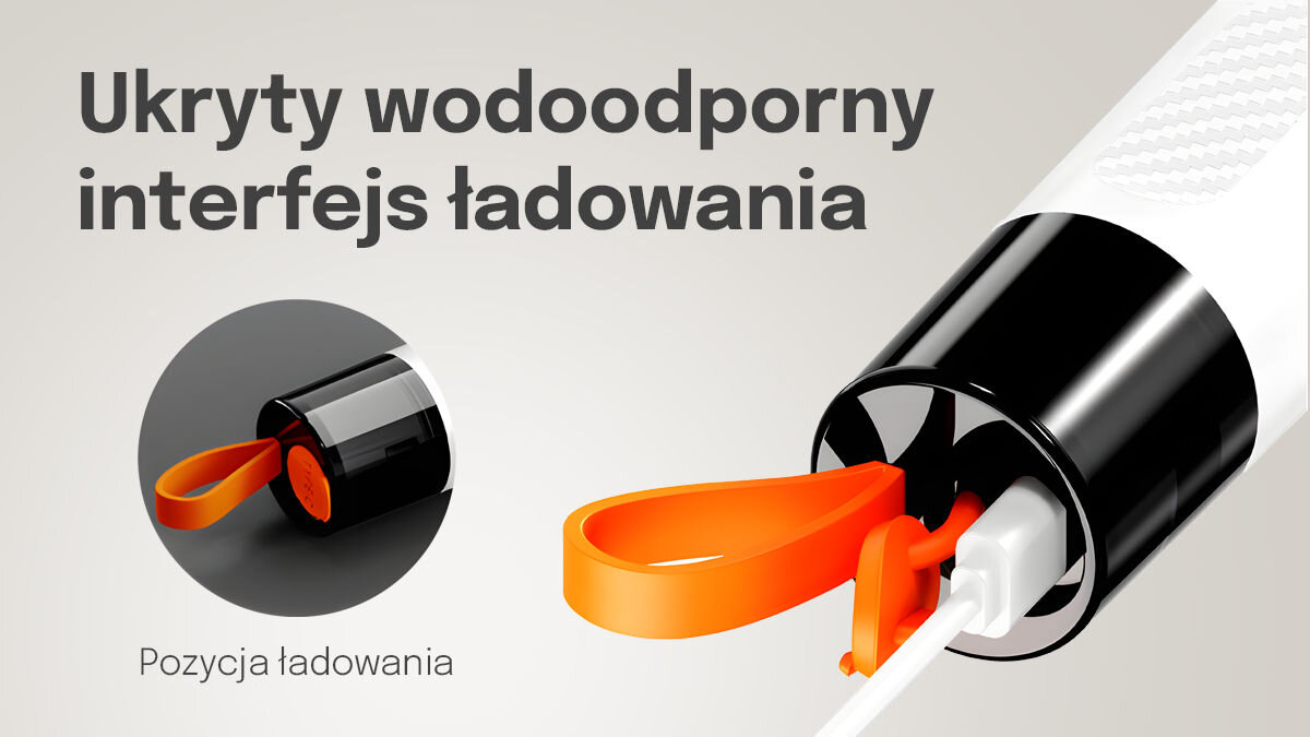 Szczotka elektryczna EXTRALINK Powerlink grafika z napisem ukryty wodoodporny interfejs ładowania oraz pozycja ładowania zbliżenie na port USB-C