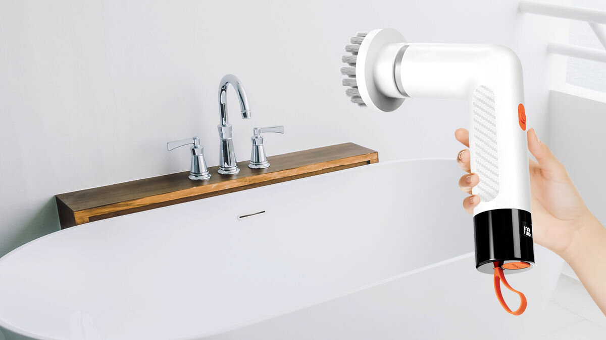 Szczotka elektryczna EXTRALINK Powerlink trzymana w ręce w tle umywalka w jasnej łazience - balteria litowa do 2 godzin pracy szybkie ładowanie niska waga antypoślizgowy uchwyt