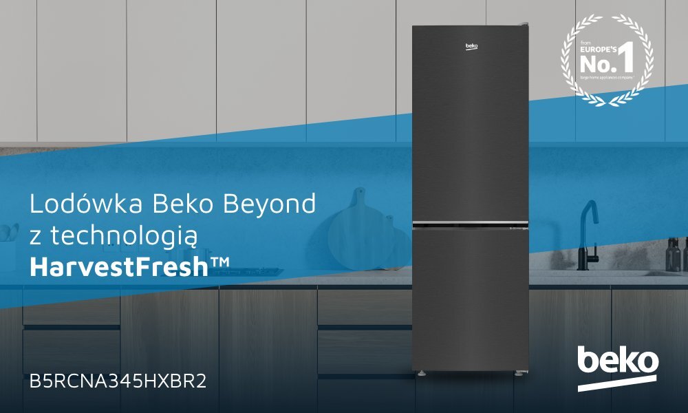 LODÓWKA BEKO B5RCNA345HXBR2 front kolor ciemny inox kuchnia w tle baner top logo marka wyróżnienie